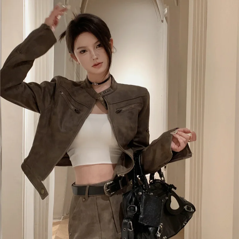 American Style Retro Motorcycle Jacket Short Women's Suede Coffee Color Cool Atmosphere Coat Autumn 2026 New Model