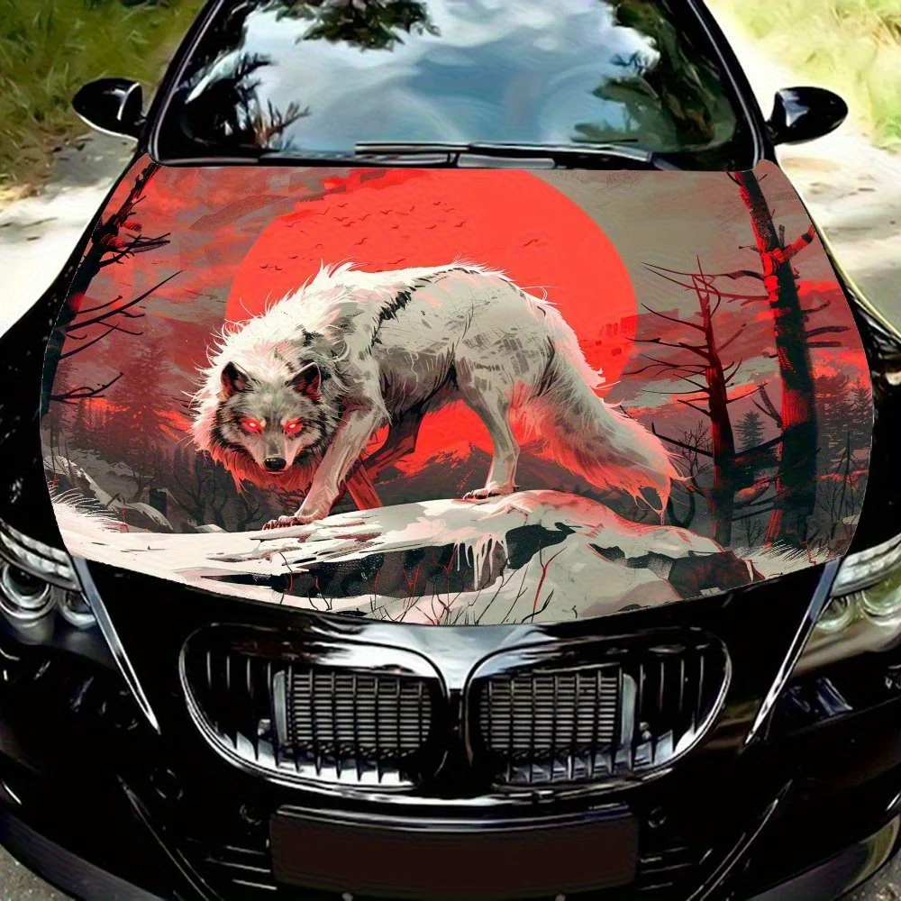 

Red Moon White Wolf Vinyl Car Wrap - Durable, Splash-Resistant Hood Decal Sticker, Easy Removal, Universal Fit For Engine Cover