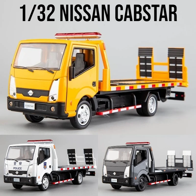 Nissan Cabstar-Camión de remolque con plataforma, vehículo de juguete fundido a presión, modelo de vehículo Matal, colección de sonido y luz, regalo para niños, 1/32