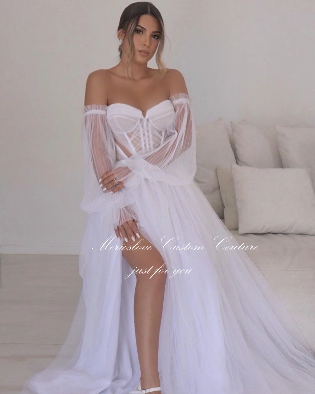 Merioslove Boho Wedding Dresses Sweetheart Puff Sleeves Side Split A-Line Bridal Gowns Beach Bride Dress שמלות כלה