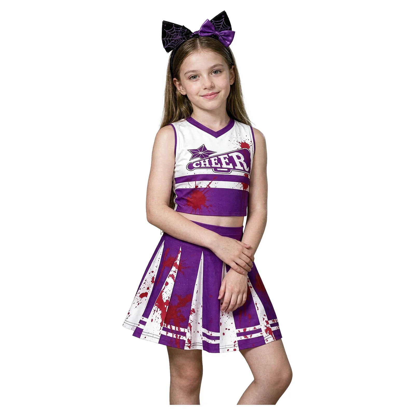 Kinder Mädchen Halloween Cheerleader Cosplay Kostüm Cheerleading Uniform V-Ausschnitt Crop Top mit Faltenrock Cheer Dance Outfit – Detail 4