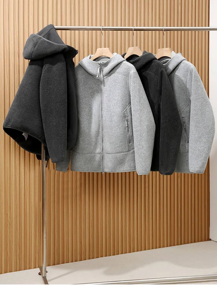 

Двусторонняя флисовая куртка с капюшоном для мужчин: теплая повседневная верхняя одежда в модном городском стиле, с длинными рукавами, на молнии