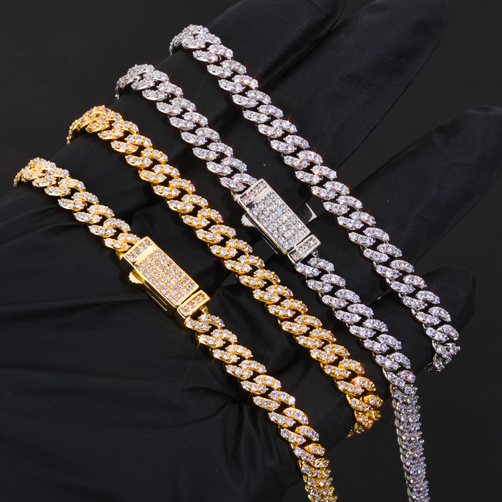 NY 6MM Hip Hop Cuban Chain Spring Buckle Single Row Cubic Zirconia Cuban Necklace for Men Hip Hop Jewelry