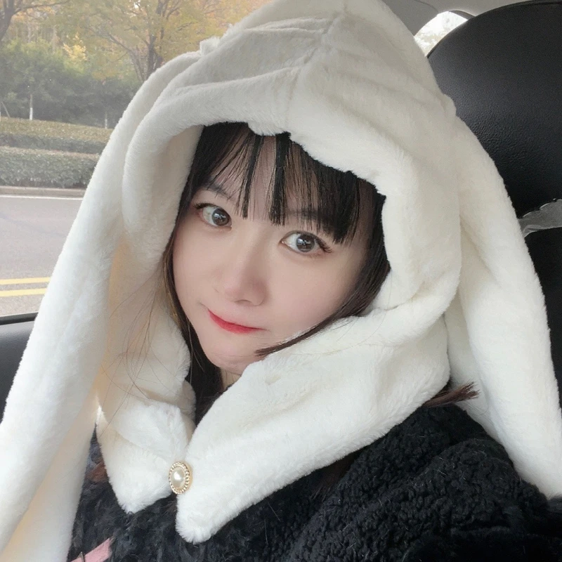 

Cute Rabbit Long Ears Scarf Hat Winter Accessories Warmer Kawaii Animal Scarf Hat for Cycling White Plushies Scarves Hat Girls