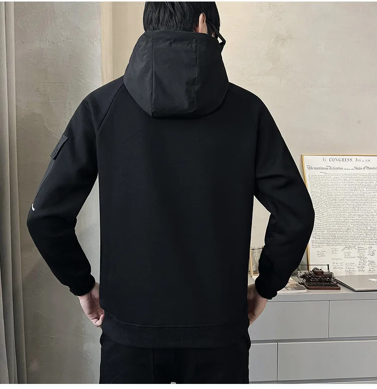 Men Techwear Spring New Button Neck Black Hoodies Korean Style Fashion Men Pocket Patchwork Hooded Tracksuit Cotton Cargo Hoodie