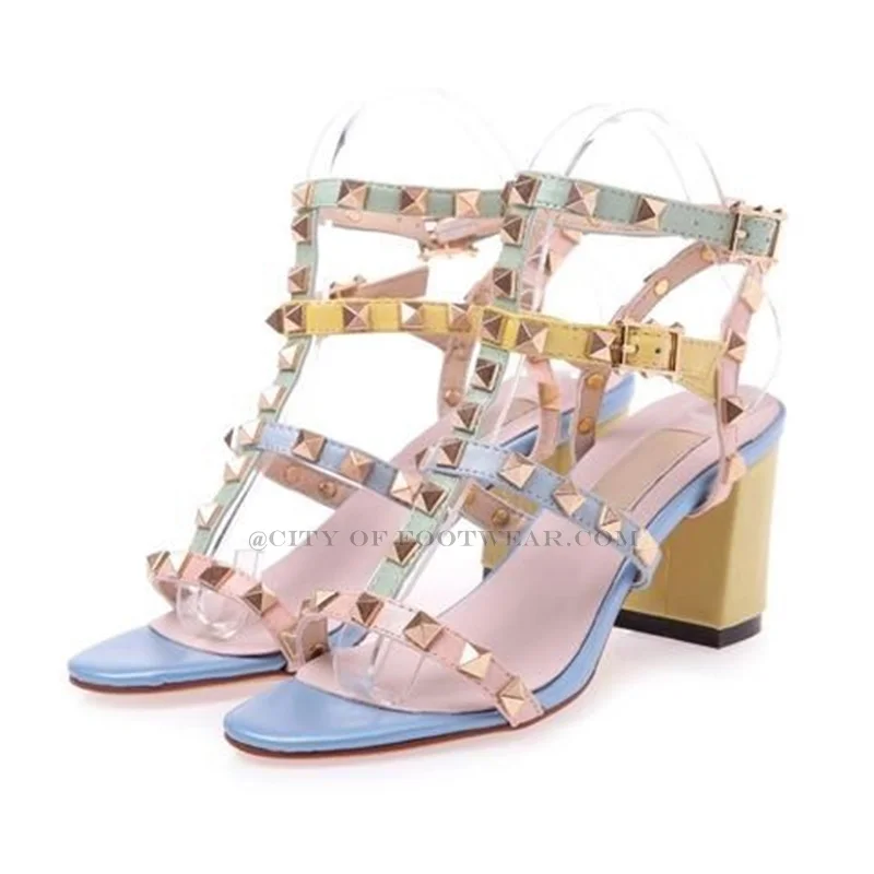 Rockstud Cage-effect Strap Sandals Women Mixed Colors Block Heel Summer Pumps Luxury Designer Chunky Heels Causal Dress Shoes