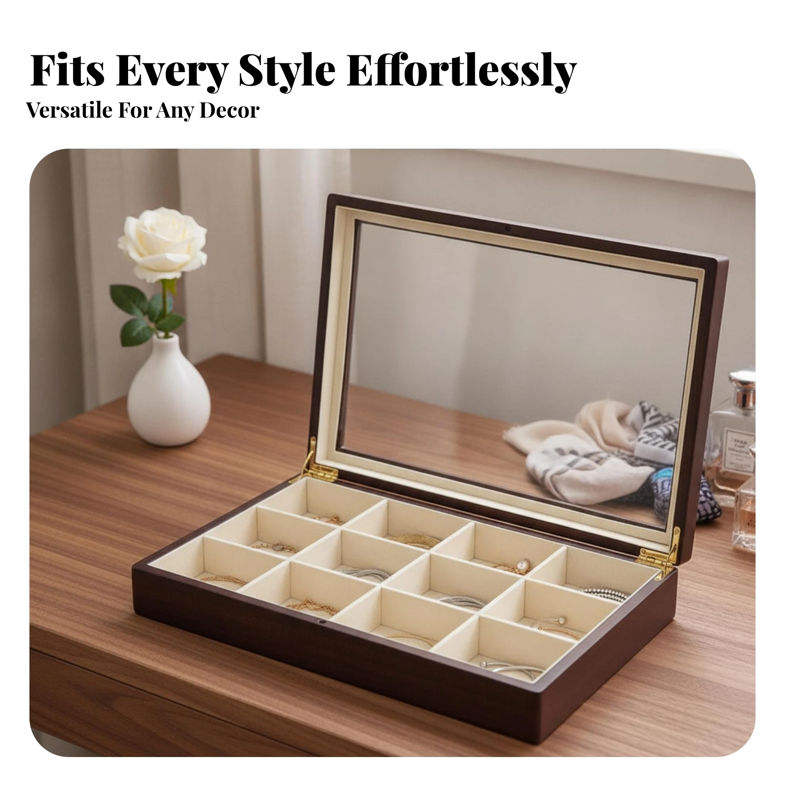 12-Compartment Jewelry Tray Scratch-Resistant Jewelry Display Case with Glass Lid Compact Stylish for Dresser, Vanity