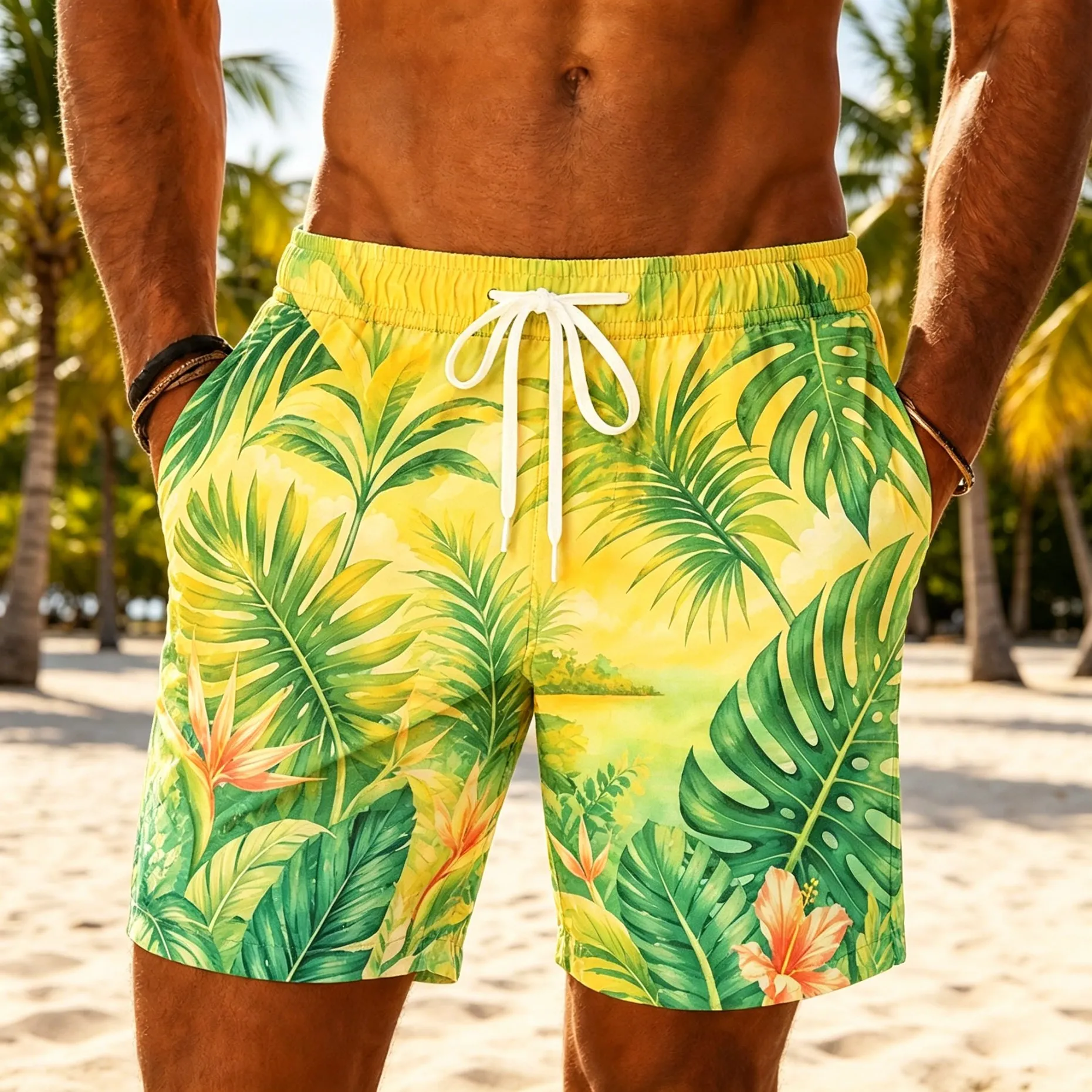Shorts masculinos com estampa tropical amarela, shorts com cordão, shorts casuais soltos para natação, para primavera, verão, praia
