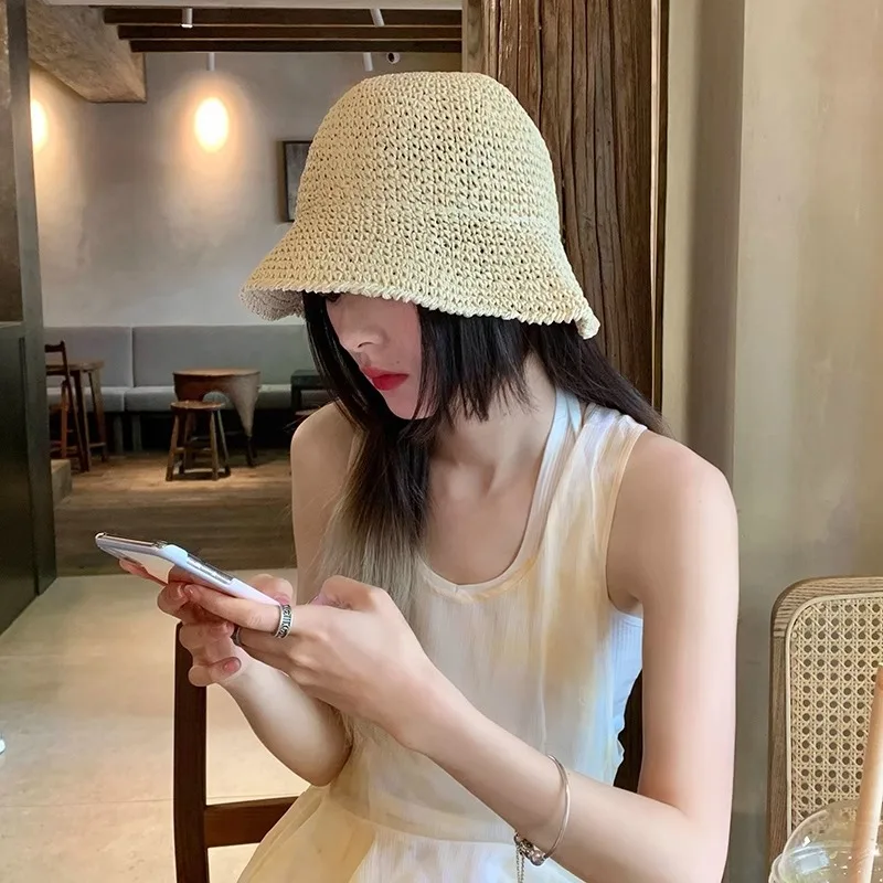 Beach Korean Straw Hat Summer Women Visor Bucket Hat Fisherman Hat Hand weaving Panama Girl Fishing Chapeau Sun Hats for Women