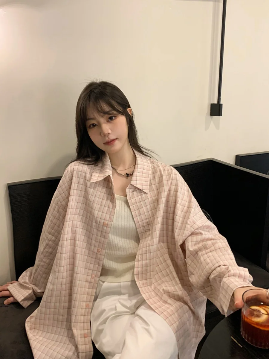 Pink Plaid Summer Shirt Women's Loose Casual Long Sleeve Korean Style Lazy Fashion Top Sun Protection Outerwear Coat