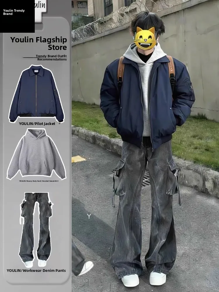 

Мужской осенне-зимний комплект в стиле American Sport Pilot: хлопковая куртка-бомбер с воротником-стойкой и брюки, модный молодежный образ OOTD