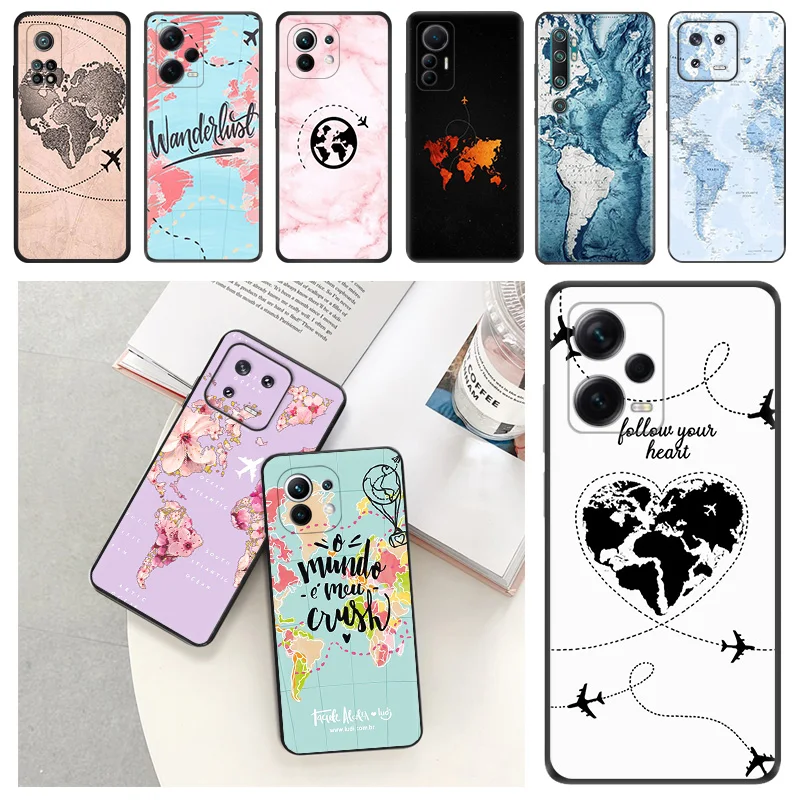 World Map Travel Phone Case For Redmi Note 12 5G K50 Ultra Xiaomi 13 Pro 12 Lite 12t 12s 12x 12c X5 Camera Protective Cover