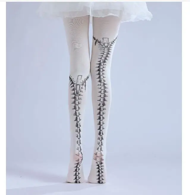 Punk Gothic Zipper Printed Pantyhose Personality Women Patyhose