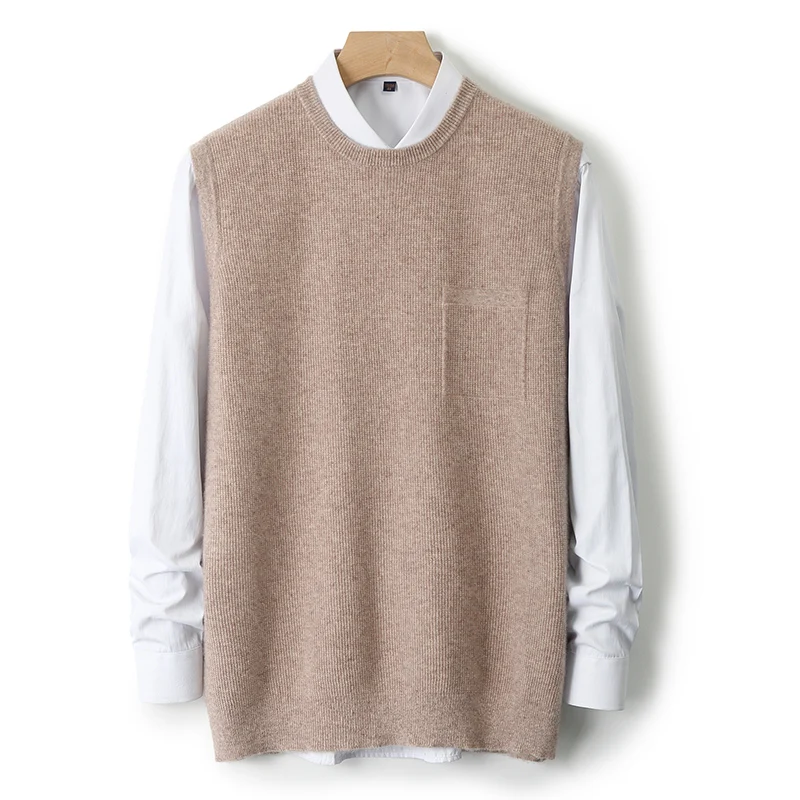 2024 autumn and winter new men's 100% pure wool vest round neck knitted sleeveless cashmere to wear warm vest.