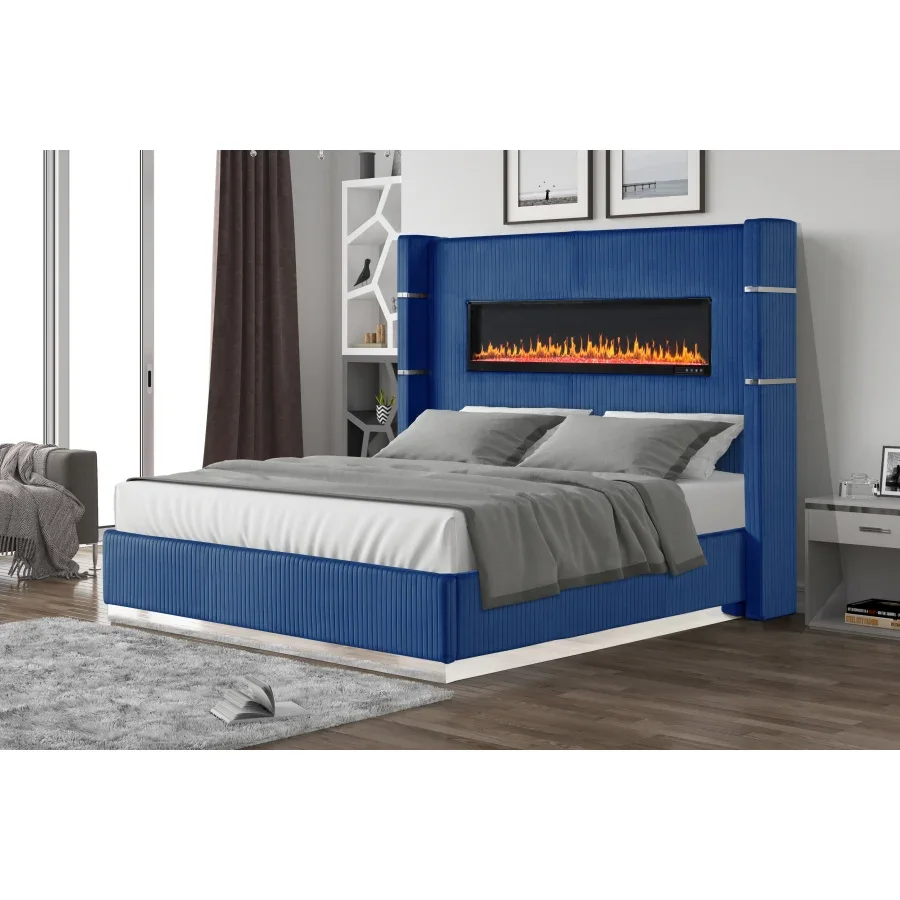 Upholstery Wooden Queen Bed, Blue Velvet Finish,Bluetooth Speakers on Both Sides,Inbuilt Electric Fireplace in Headboard