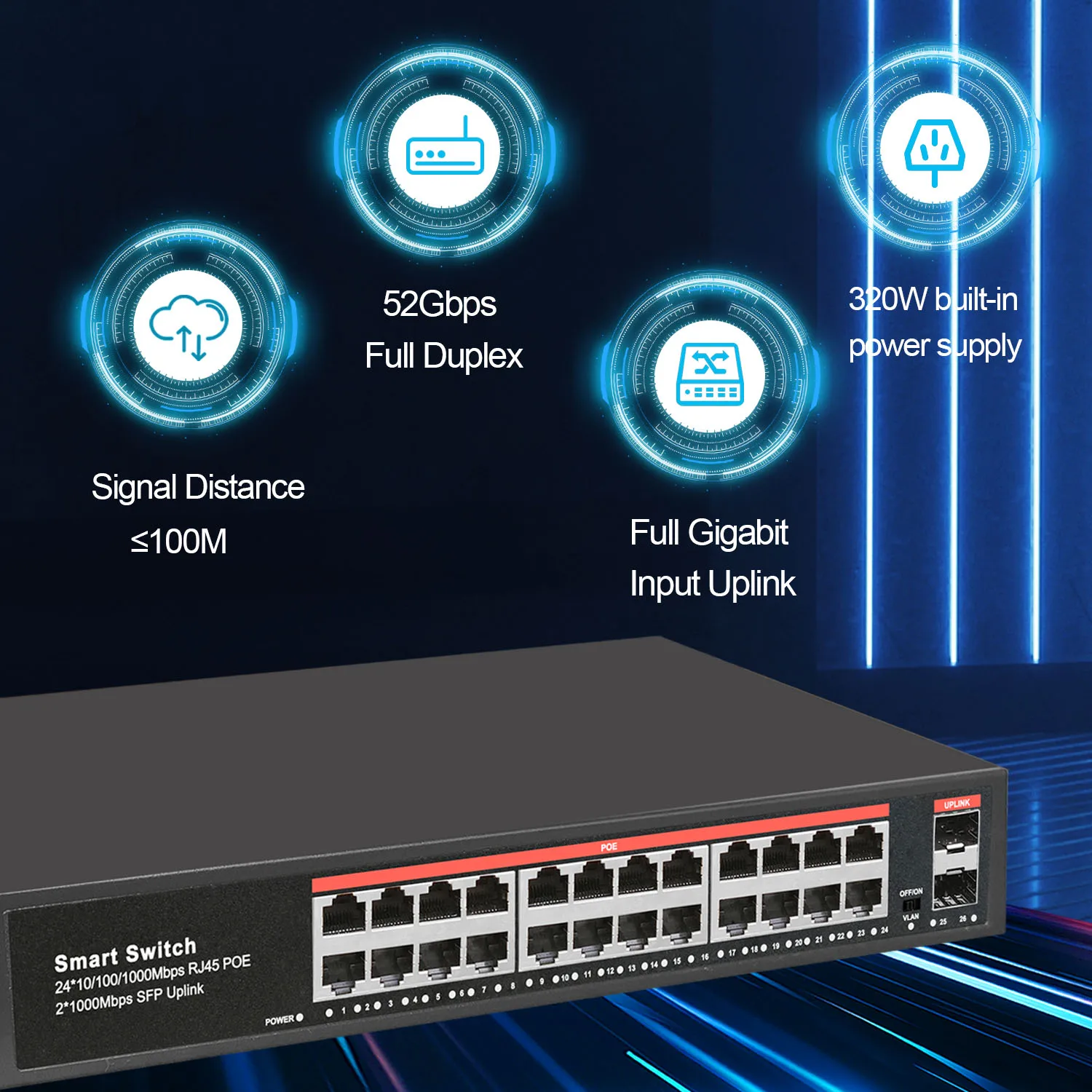 Imagem -06 - Switch de Rede Ethernet Gigabit Completo 24 Poe Mais Portas Uplink Sfp 320w 3af at com Vlan 26 Portas