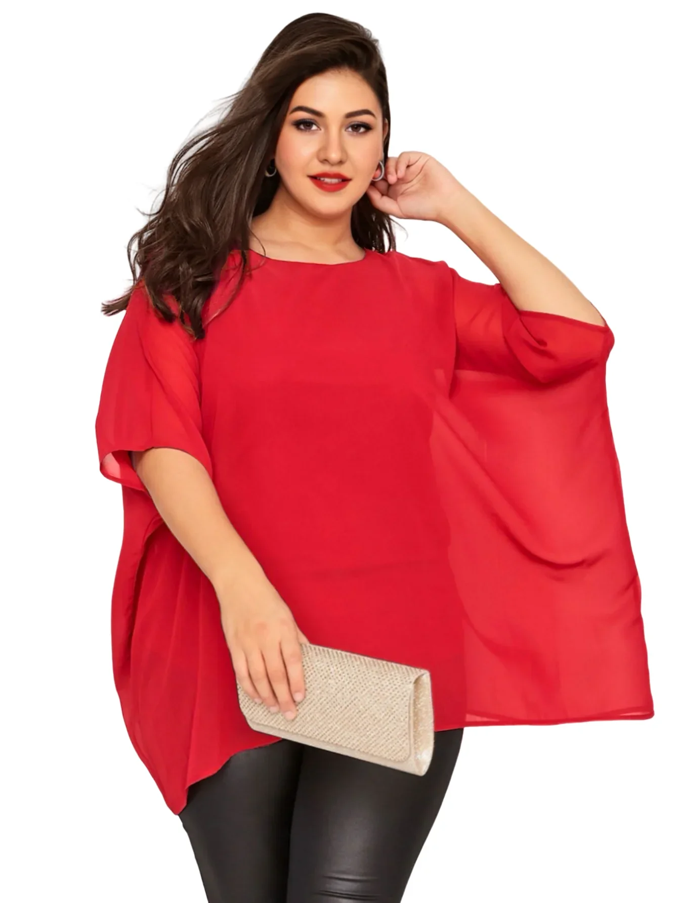 Womens Plus Size Elegant Summer Blouse Batwing Sleeve Oversized Chiffon Blouse Scoop Neck Large Size Casual Tunic Top Shirt 6XL