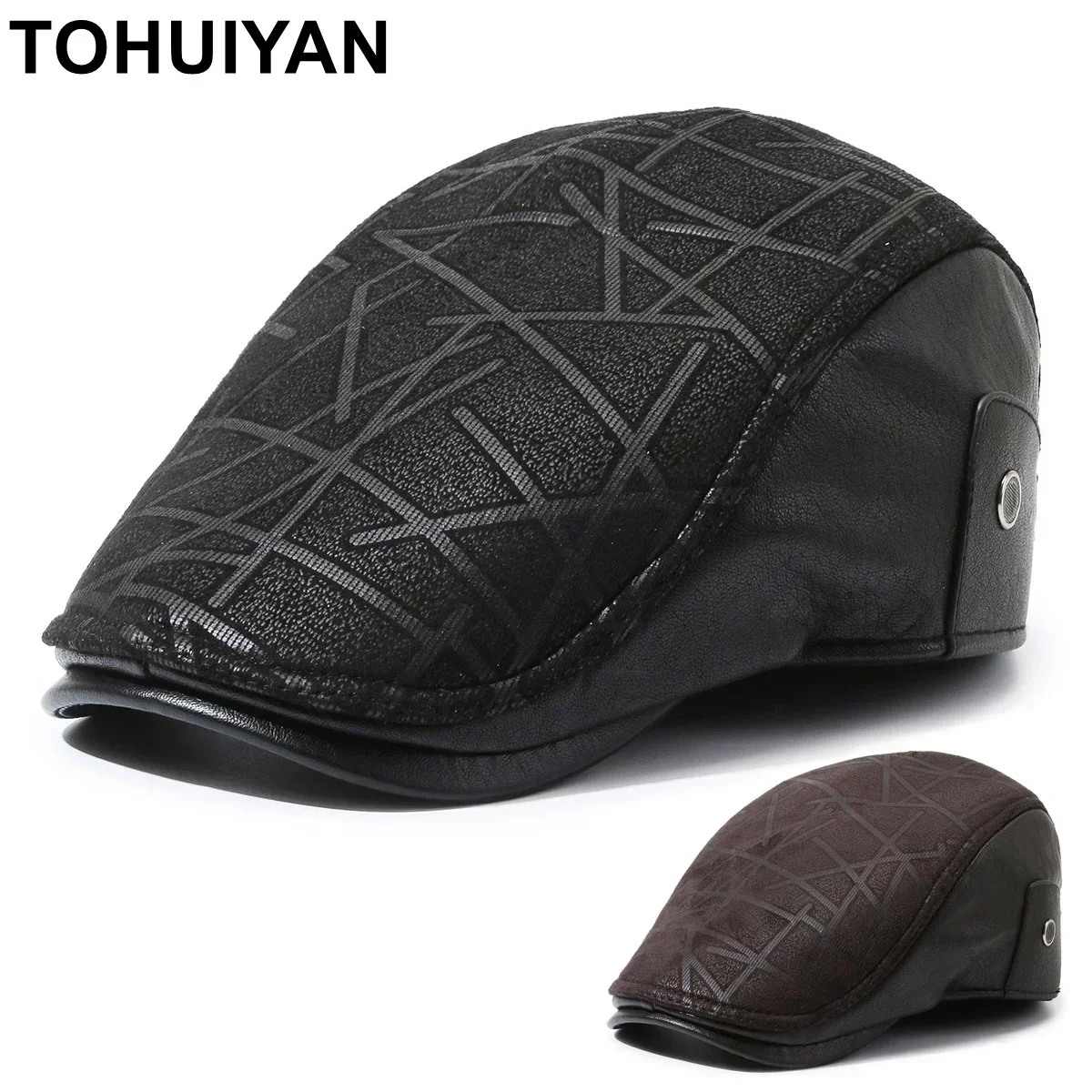 Top Level Faux Leather Newsboy Caps Men Thicken Warm Beret Homme Driving Hats Autumn Winter Flat Cap Vintage Boinas Cabbie Hat