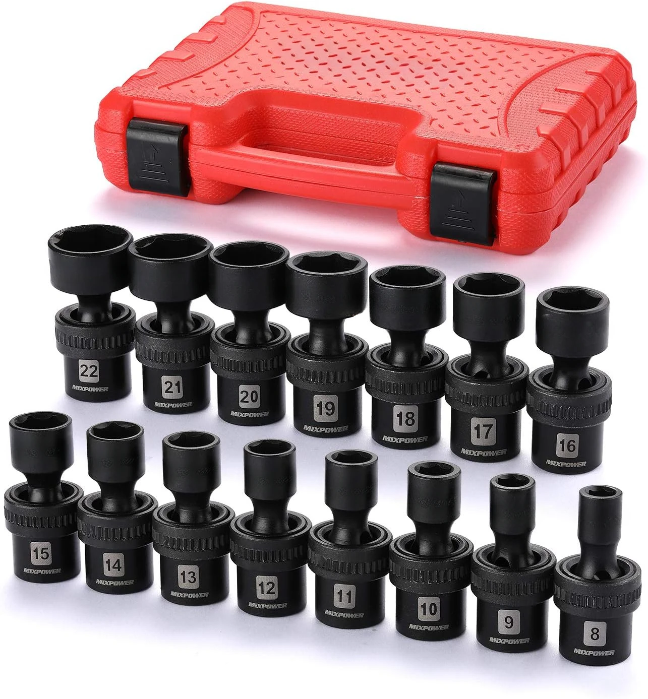 

15-piece 3/8" Drive Shallow Universal Impact Socket Set, 6 Point, Metric, 8-22mm, CR-MO, Swivel Socket With Flexible Wobble