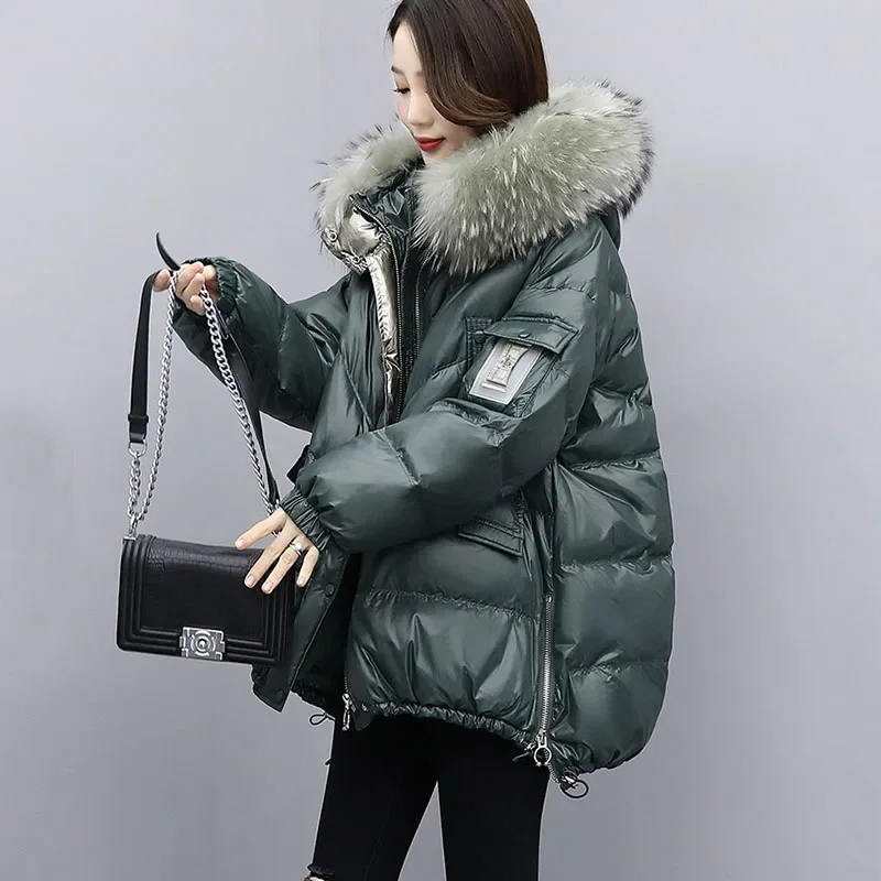 New Women Glossy Down Cotton Jacket Long Winter Padded Jacket Loose Thick Warm Cotton Coat Hooded Fur Collar Cold Parka Overcoat