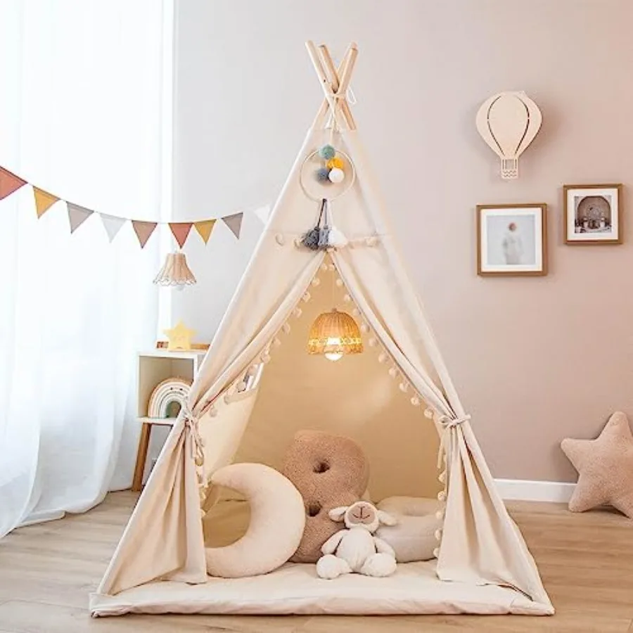 Tipi Tent voor met Gewatteerde Mat Opvouwbare Tone Speeltenten voor Meisje en Jongen Canvas Tepee Speelhuisje voor Kind Binnen Buiten