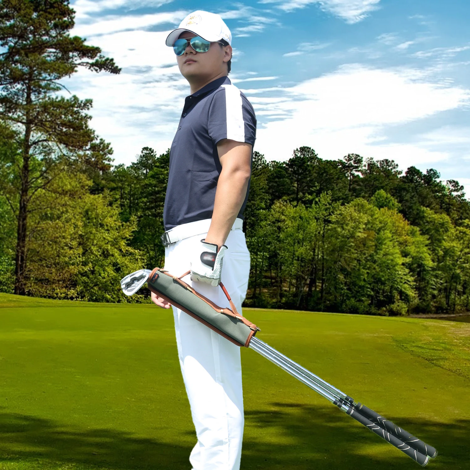 Tourbon Golf Club Carrier Canvas & Leather Golf Holder Bag Padded Protection Clubs Driving Range Storage Sleeves Bag