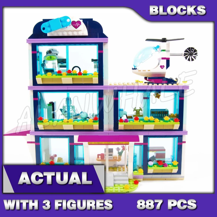 

887pcs Friends 3-story Modular Heartlake Hospital Ambulance Helicopter Nursery 10761 Building Blocks Sets Compatible With Model