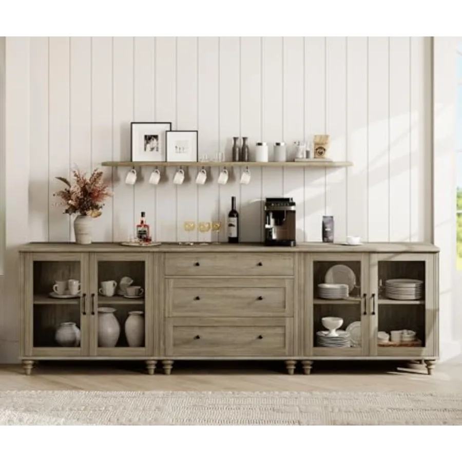 

Буфет-сервант со стеклянными дверцами, 3-в-1: кухонный шкаф для хранения, деревянный кофейный столик с регулируемой полкой и 3 ящиками