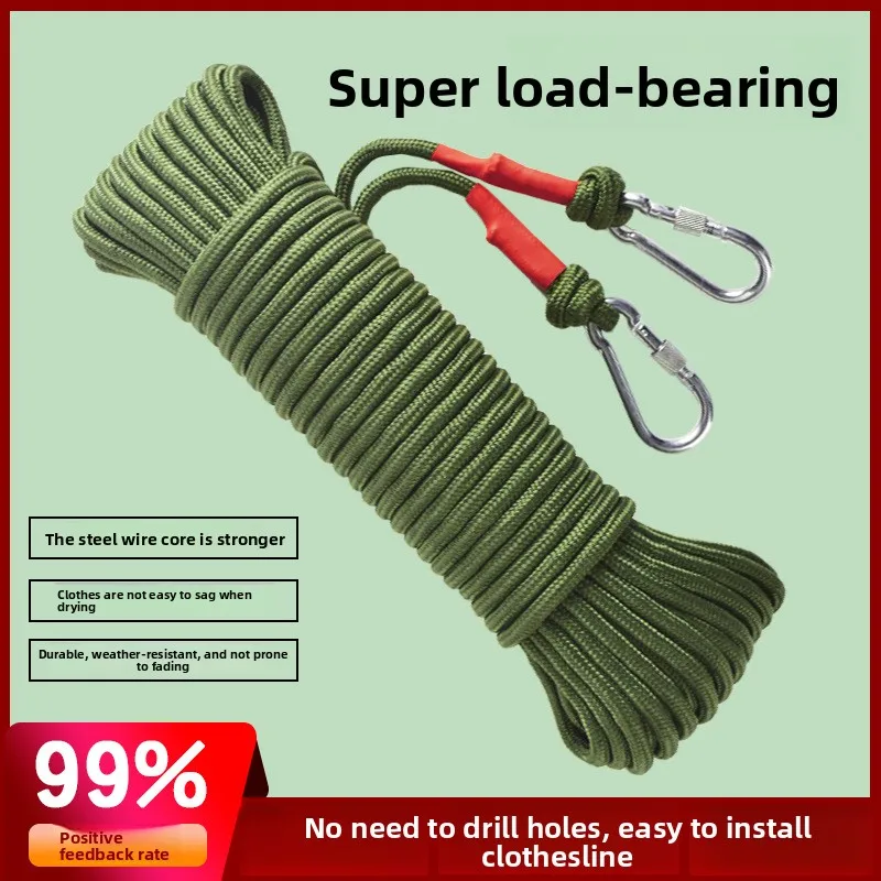 Thick Steel Wire Core Nylon Rope for Drying Clothes, Outdoor Camping with Double Hooks, One Pull To Tighten The Clothes Rope