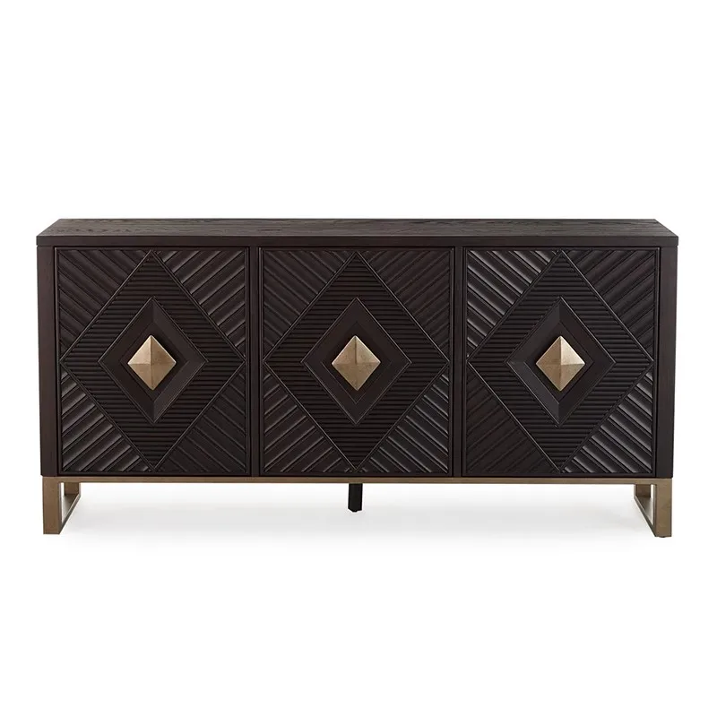 

Modern light luxury solid wood quality TV cabinet three doors matte black rhombus flower art video cabinet fashion entertainment