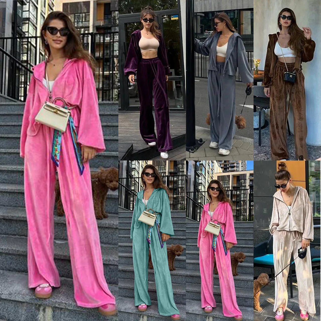 Solid Color Velvet Pants Sets Women Fashion Zipper Hoodie High Waist Drawstring Trousers Two Piece Set Female Autumn Winter New