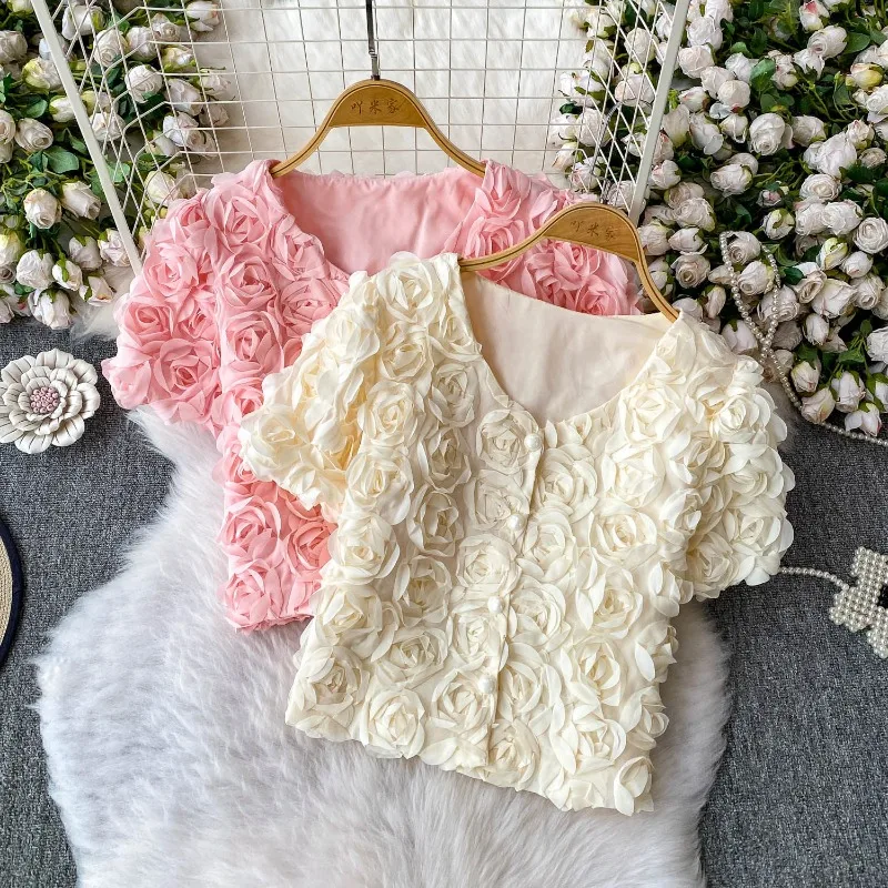 

Elegant Subcultural 3D Flower V-neck Puff Sleeve Jackets Summer Heavy Sweet Pink Coat Women 2025 New Single Breasted Tops