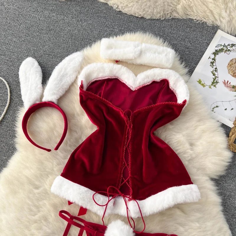 Cosplay coelho empregada sexy nightwear halter splice pele arco lingerie combinação natal erótico porno conjuntos de roupa interior