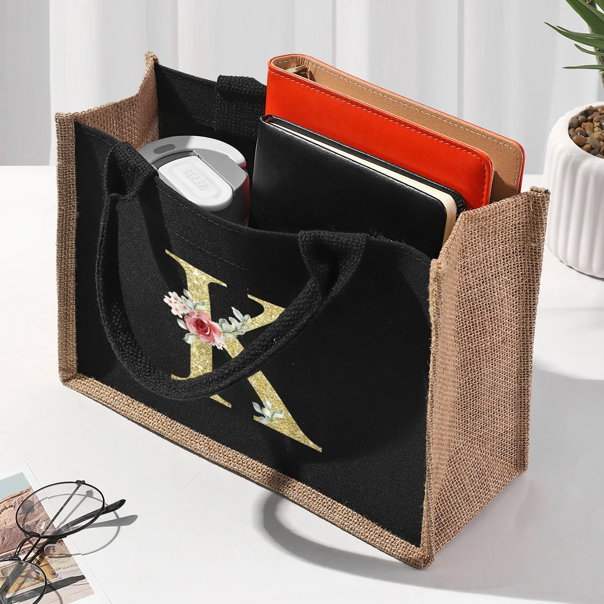 Gold Letter Black Patchwork Linen Canvas Handbag with Waterproof Interior Large Capacity Commuting Bag Organizer Bag