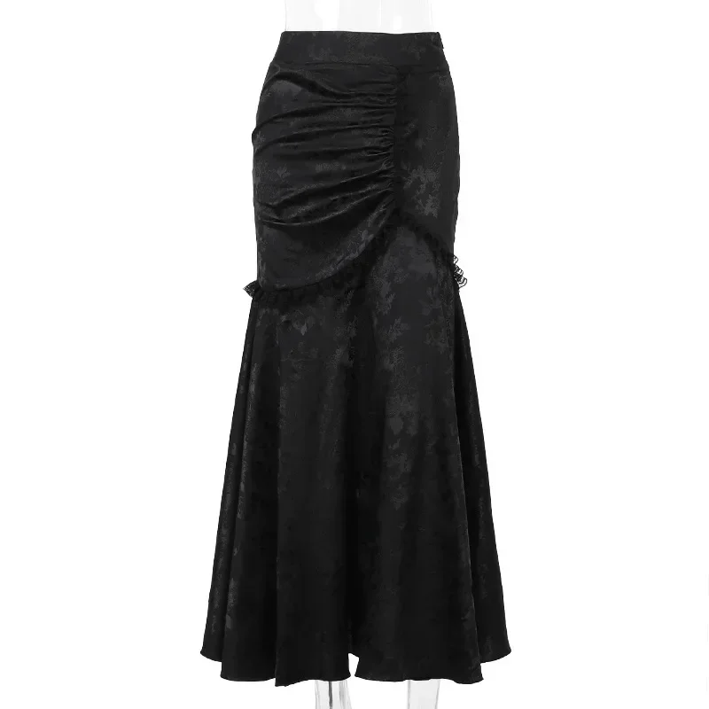 Goth Elegant Fashion Party Gown High Waist Lace Stitch Mermaid Skirt Female Sexy Pleated Bodycon Skirts Gothic Streetwear