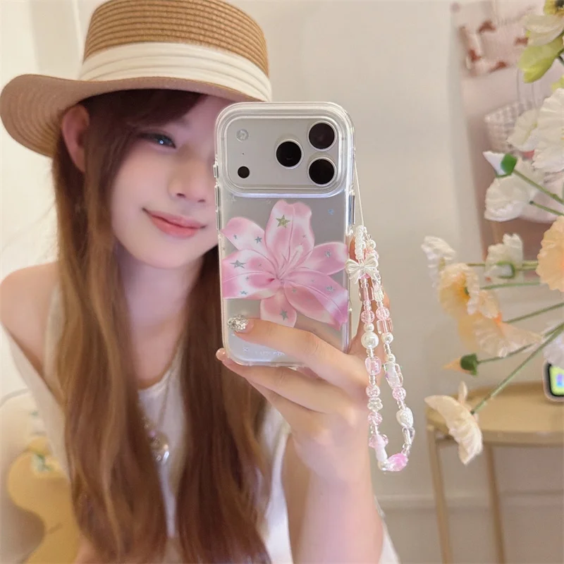 

Kawaii Pink Lily Print Clear Phone Case For iPhone 17 16 15 14 Pro Max With Beaded Chain Shockproof Protective Cover For Girls