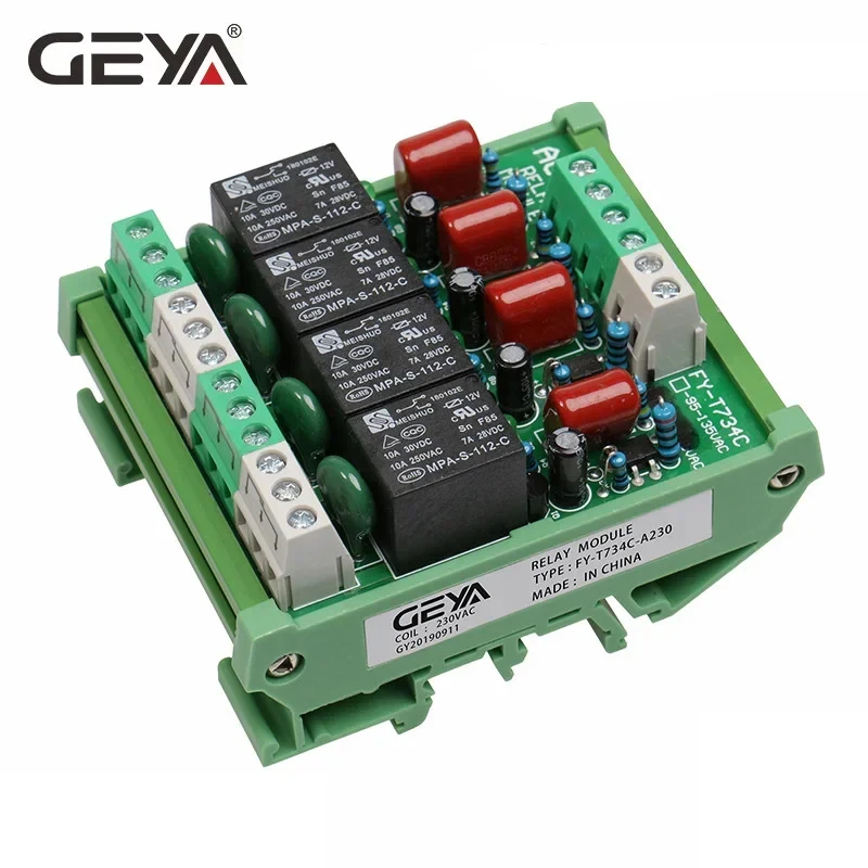 GEYA Din Rail 4 Channel Relay Module 1 SPDT DIN Rail Mount 12Volt DC 24Volt DC Interface Relay Module 230VAC 5VDC