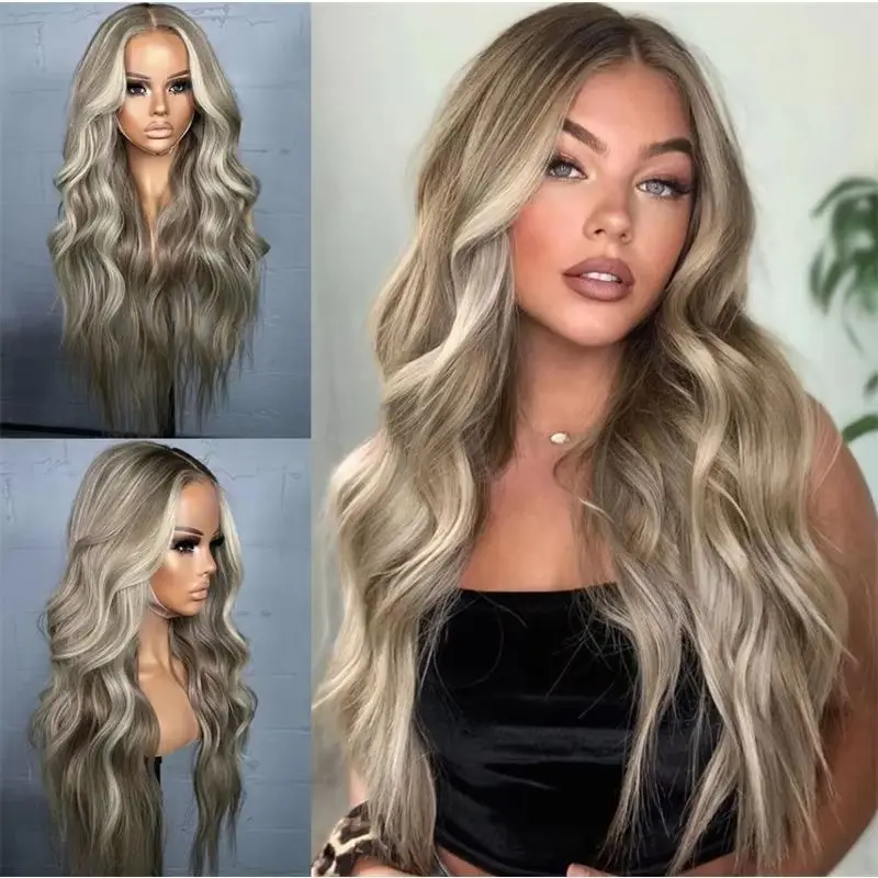

Dark Platinum Blonde Highlight Synthetic Lace Front Wig Dark Roots Body Wave Middle Part Wig Heat Resistant Fiber Natural Wig