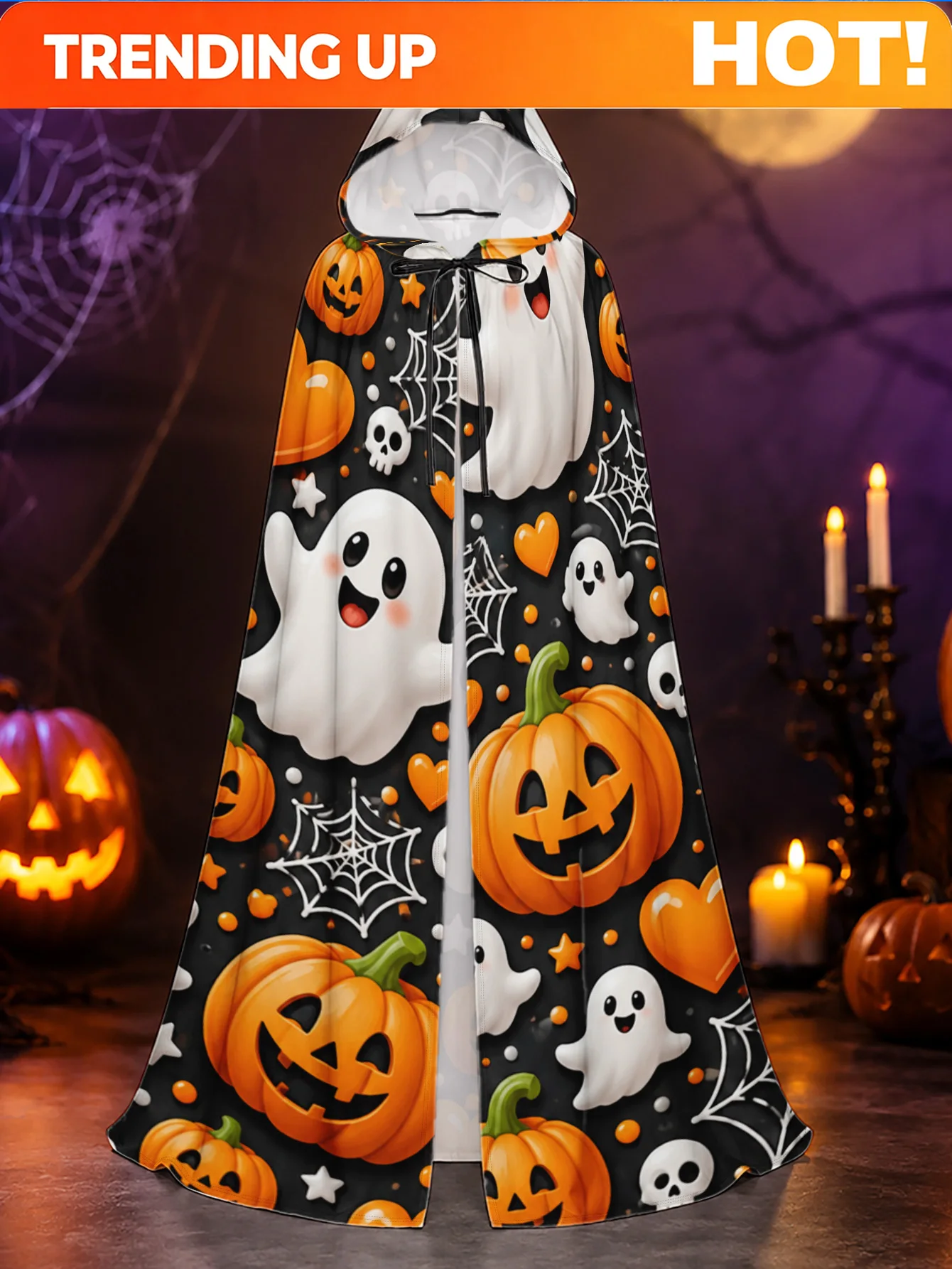 Customization 1pc, Digital Ghosts Pumpkin Orange Hearts Print Hooded Robe Polyester Cape For Halloween Cosplay And Christmas