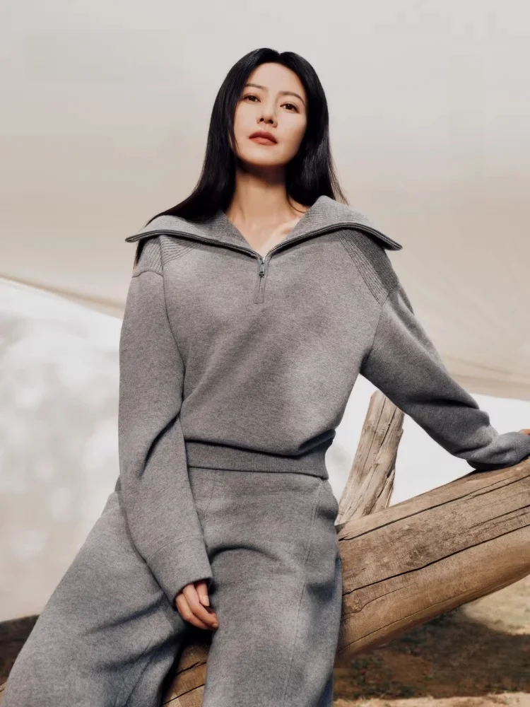 

Легкий вязаный свитшот с короткой молнией EBD4SWT020, осенне-зимняя женская модная модель прямого кроя из смесовой шерсти с длинными рукавами