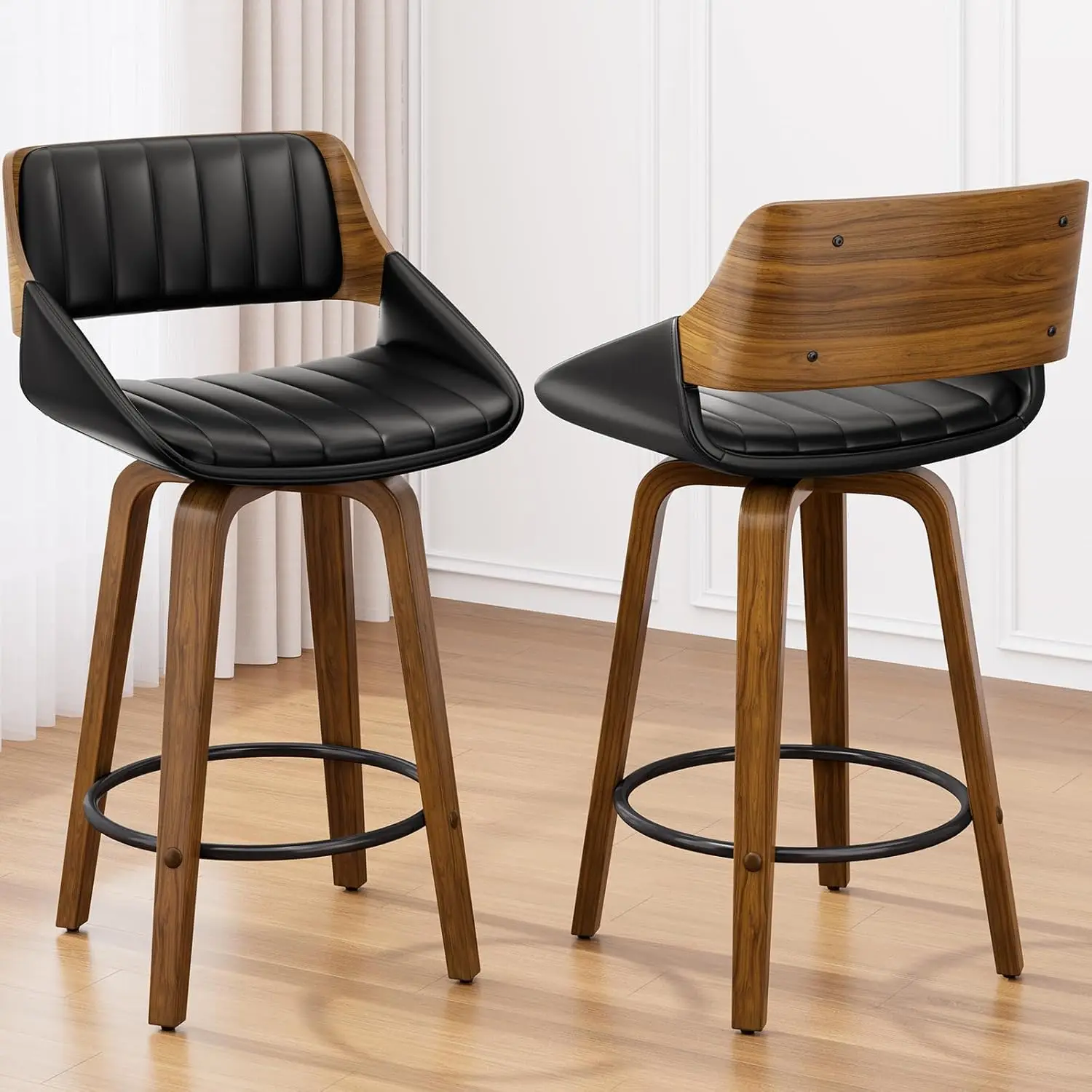 

26in Swivel Counter Stools 2pc Walnut Bentwood Back Faux Leather Seat Footrest Kitchen Cafe, Customized