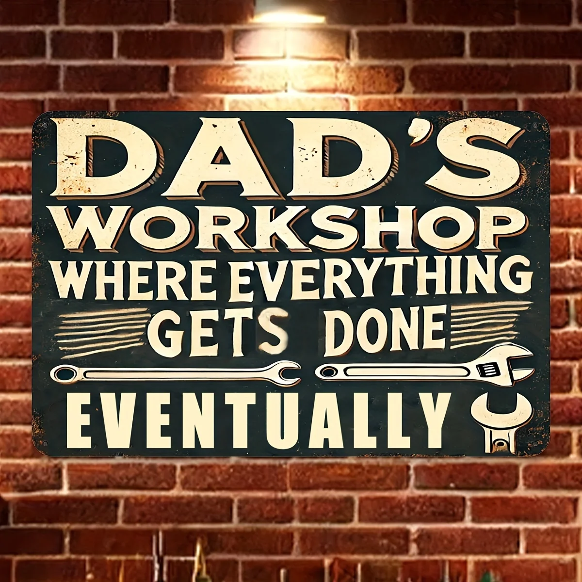 Vintage Retro "DAD'S WORKSHOP WHERE EVERYTHING GETS DONE EVENTUALLY" Funny Father's Day Sign with Wrench Tool Graphic Design HD
