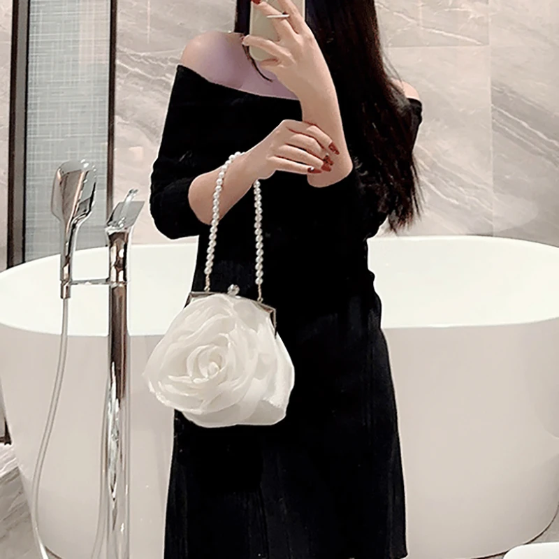 Women Pearl Chain Single Shoulder Bags Ladies Luxury White Flower Clutch Bag Pursh Female Evening Party Wedding Handbags XA884H