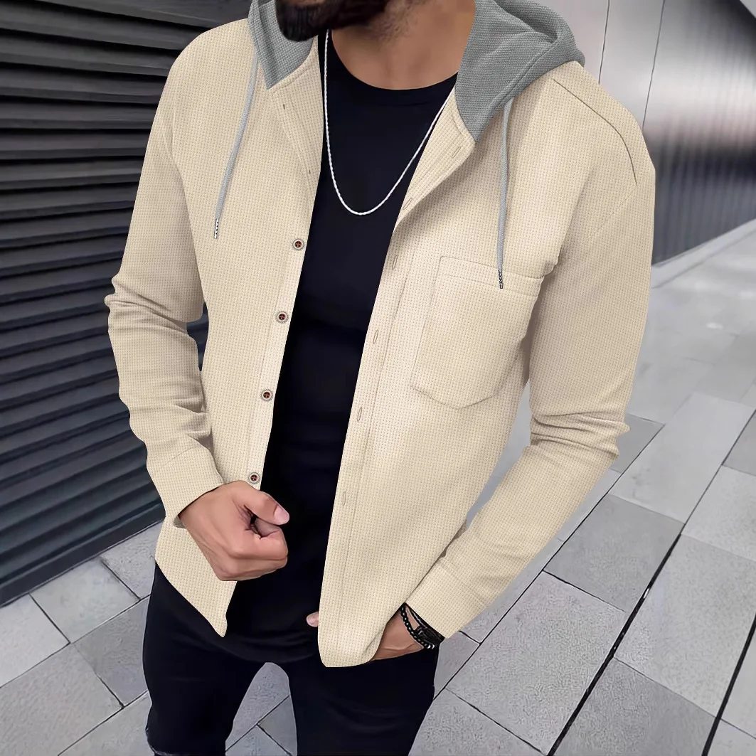 

Cross-border Autumn Jacket Men's Waffle Single-Breasted Hooded Casual Cardigan Jacket