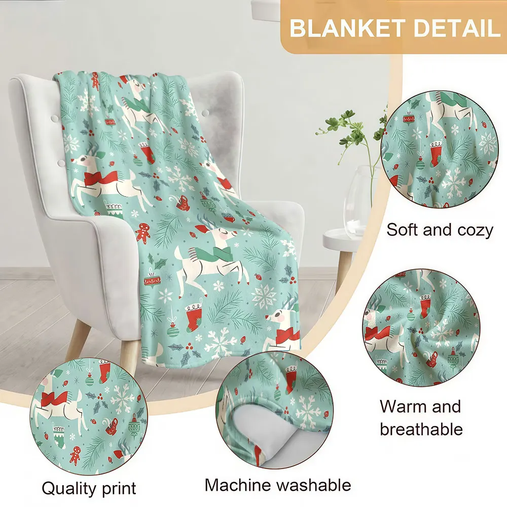Christmas Deer Seamless Soft Warm Flannel Blanket Lightweight Cozy Christmas Halloween Home Decor Room