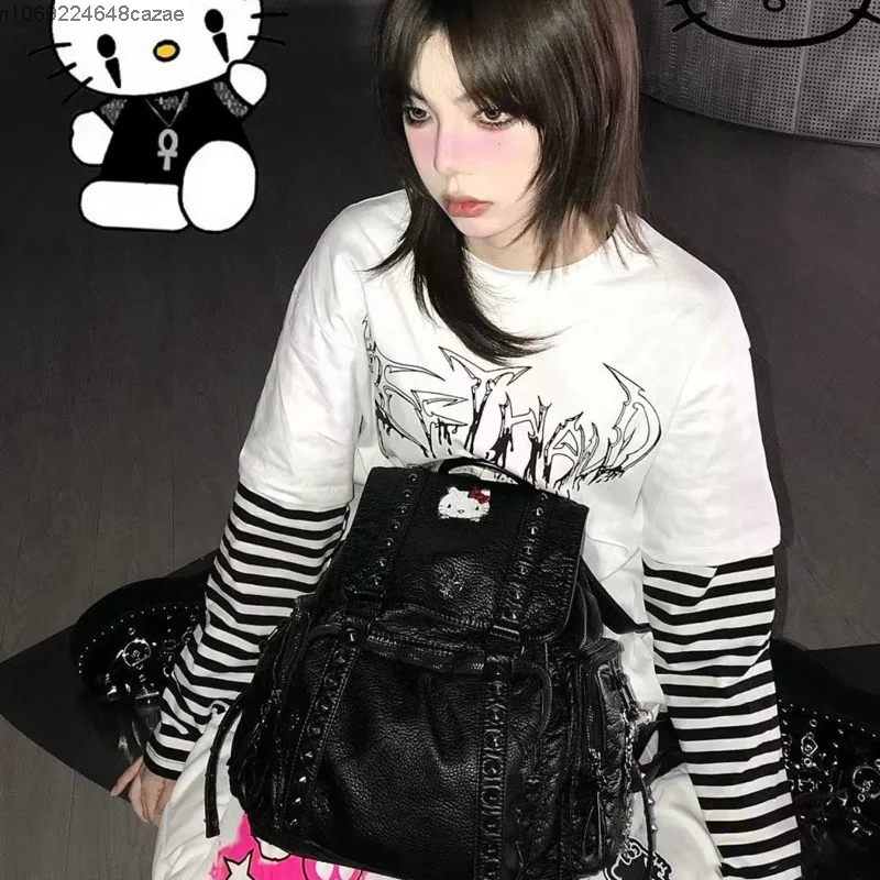 Sanrio Hello Kitty Luxury Design Bags Y2K Spicy Girl Rivet Punk Backpack New Large Capacity Schoolbag Women Fashion Shoulder Bag