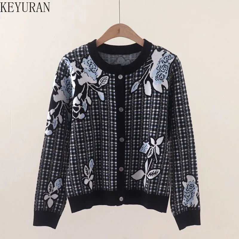 Sweter damski z dzianiny w kratę i kwiaty, elegancki, modny, z okrągłym dekoltem, długi rękaw, dzianinowe topy, kurtki, płaszcze, swetry damskie, 2025