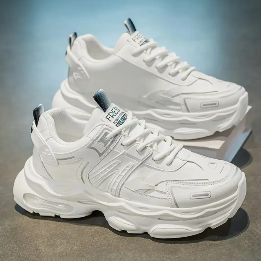 

Spring Men'S Breathable White Sneakers Trendy Versatile Thick-Soled Height-Increasing Casual Dad Shoes with Fabric Upper and PV