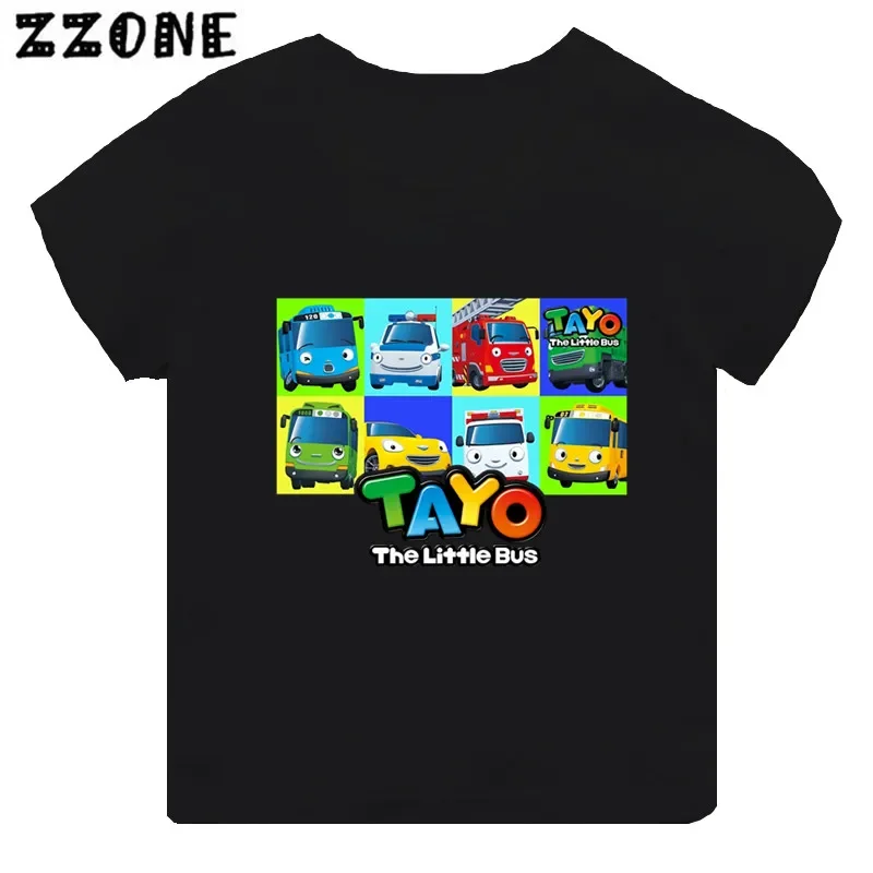 Camiseta de dibujos animados con estampado de Tayo the Little Bus para niños, Ropa para Niñas, camiseta de manga corta negra para bebés, Tops para