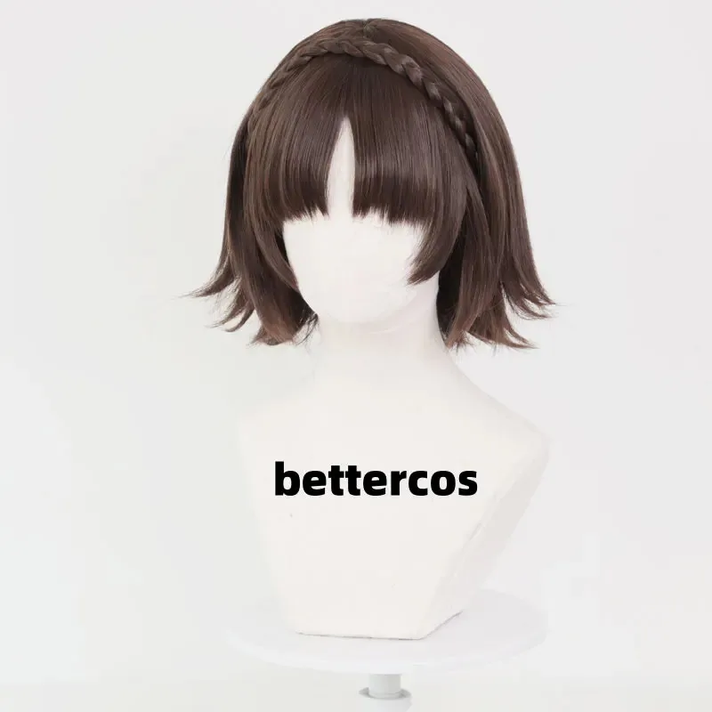 P5 มาโคโตะ นิอิจิมะสีน้ำตาลคอสเพลย์ถักเปียวิกผมสังเคราะห์ทนความร้อน + หมวกวิกผม F;H7. '6FK;8